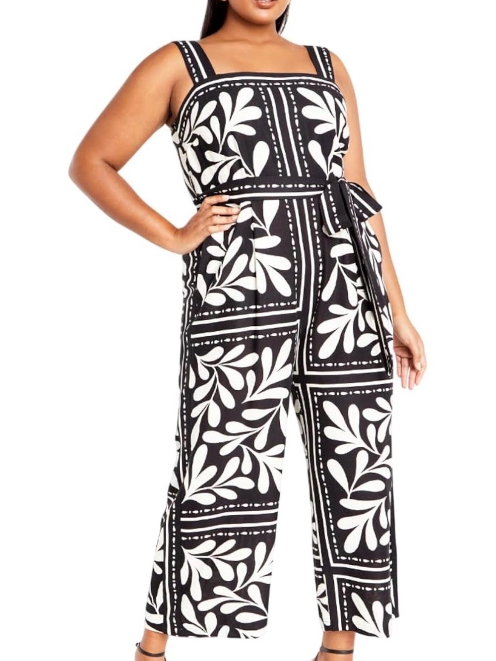City Chic Black & White Leaf Print Wide-Leg Jumpsuit